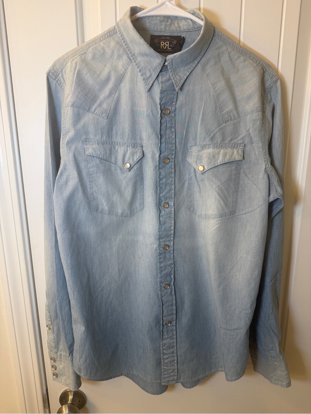 Ralph Lauren Double RL Pearl Snap ButtonDown Light Blue Denim Western Shirt Sz M